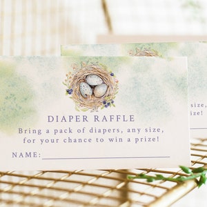 Billets de tombola de couches - thème baby shower sur le point d'éclore - cartes de demande de couches imprimables - baby shower printemps oiseau - baby shower nid d'oiseau