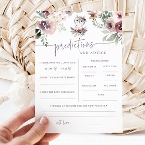 Prédictions et conseils pour baby shower chat violet - cartes de prédiction de bébé imprimables 5 x 7 - carte de conseils pour baby shower sur le thème petit chaton