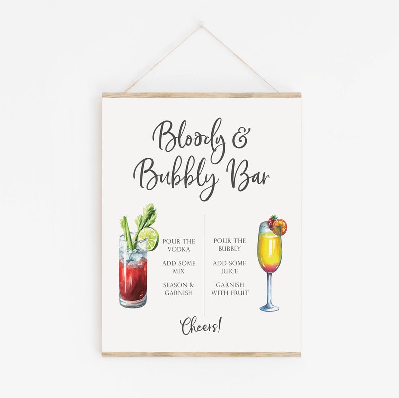 Bloody and Bubbly Bar Sign - Bloody Mary Bar - Mimosa Bar Sign - Bubbly Bar Printable - Watercolor Cocktail Sign - Party Cocktail Printable image 1