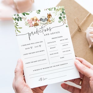 Babyvoorspellingen en -advies - afdrukbare kaarten van 5 x 7 - babyshower boerderijthema - genderneutraal babyshower boerderijdieren - babyraadspel