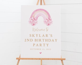 May include: Welcome to Skylar's 2nd Birthday Party, 15 October 2022. A pink watercolour rainbow with white flowers on a white background.