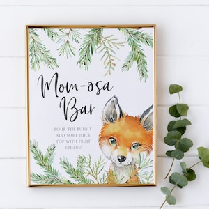 Decorazioni per baby shower a tema bosco - Insegna bar Mom-osa - Decorazione baby shower a tema volpe - Bar Mimosa stampabile - Decorazioni baby shower a tema Forest Friends