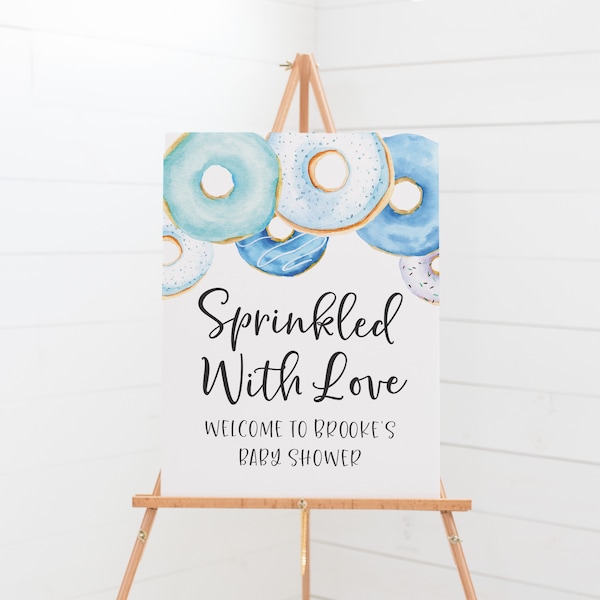 Sprinkled With Love Baby Shower Panneau de bienvenue imprimable - Affiche de bienvenue Sur le thème de Donut Baby Sprinkle - Blue Boys Baby Sprinkle Décorations