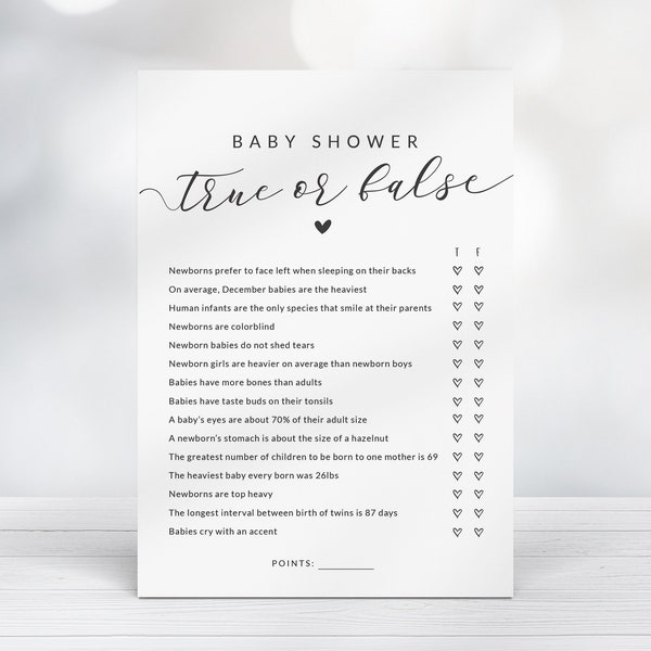 Baby Shower True or False Trivia Game - Printable Baby Shower Quiz Game - Black and White Party Games - Modern Gender Neutral Baby Shower