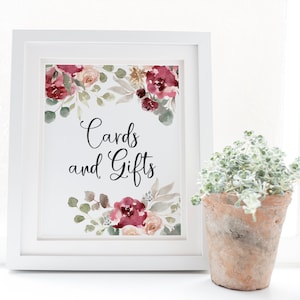 Enseigne pour cartes et cadeaux - Baby shower bordeaux et rose poudré - décoration Boho Baby Shower - enseigne de station cadeau - décorations florales pour baby shower