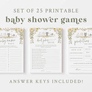 Op de afbeelding: Set van 25 printbare babyshower-spellen met een bloemen- en katten thema. De spellen omvatten een babynamenrace, een quiz met papa-moppen en voorspellingen en advies.