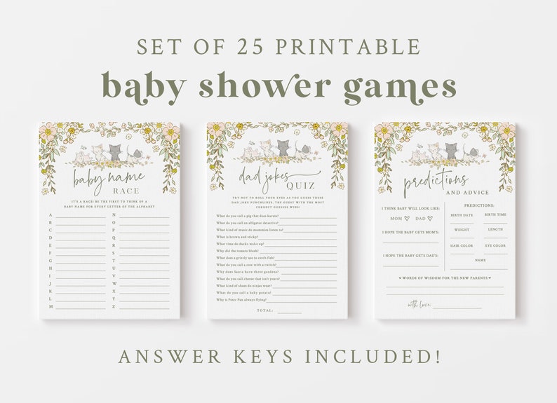 Op de afbeelding: Set van 25 printbare babyshower-spellen met een bloemen- en katten thema. De spellen omvatten een babynamenrace, een quiz met papa-moppen en voorspellingen en advies.