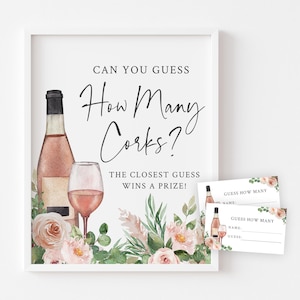 Devinez combien de bouchons de liège - shower de mariage rose - shower de mariage sur le thème du vin - jeu de devinettes imprimable signe et cartes - jeu sur le thème du vin