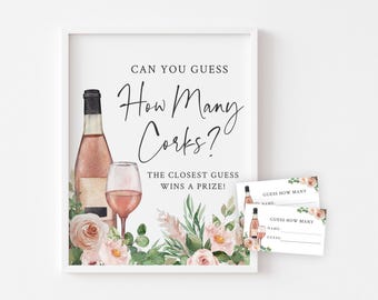 Guess How Many Corks Game - Rose Bridal Shower - Wine Themed Wedding Shower - Printable Guessing Game Sign and Cards - Wine Themed Game