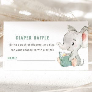 Olifant babyshower luierloterijtickets - afdrukbare luierloterij insteekkaarten - kinderboek babyshower - verhalenboek dierenthema