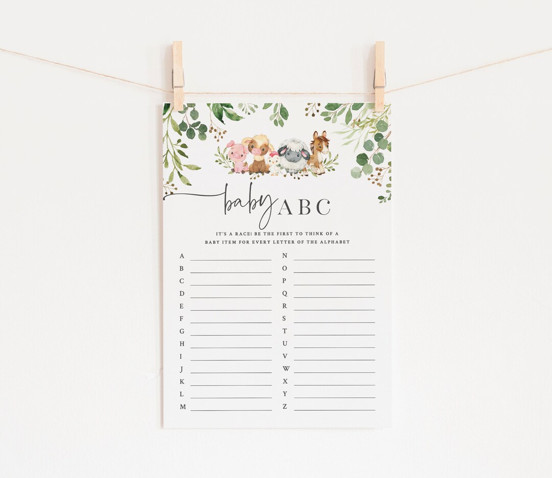 Farm Themed Baby Shower ABC Race Game - Printable 5x7 Game - Baby ...