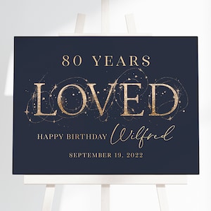 80th Birthday Party Welcome Sign - 80th Birthday Poster Printable - 80 Years Loved - Dad Birthday - Grandpa Birthday - Navy Birthday Sign