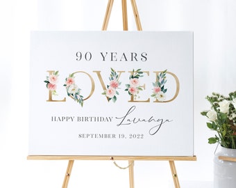 90th Birthday Party Welcome Sign Printable - 90 Years Loved - Pink Floral Birthday Party Welcome Poster - 90th Birthday Party Decorations
