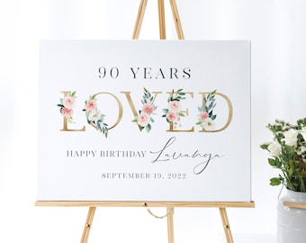 90th Birthday Party Welcome Sign Printable - 90 Years Loved - Pink Floral Birthday Party Welcome Poster - 90th Birthday Party Decorations