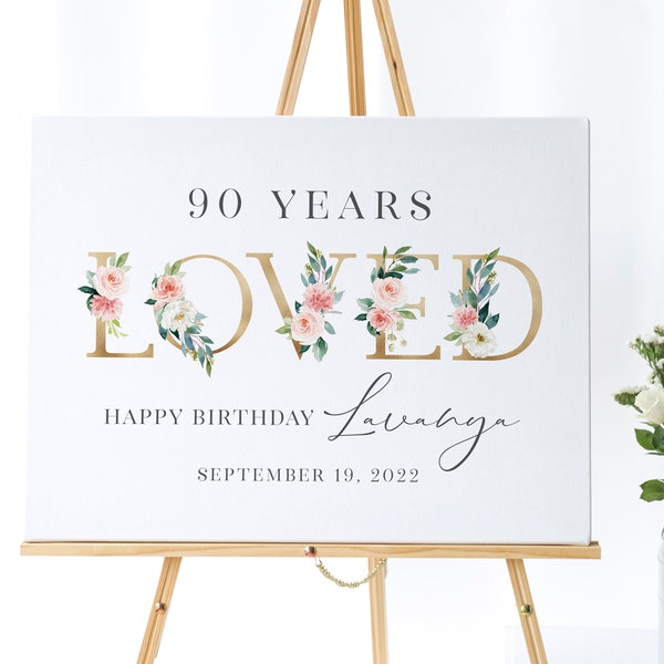 90th Birthday Party Welcome Sign Printable - 90 Years Loved - Pink Floral Birthday Party Welcome Poster - 90th Birthday Party Decorations