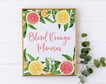 Citrus Bridal Shower Theme Decorations - Blood Orange Mimosas Sign - Mimosa Bar Printable - Citrus Party Signs - Lemon Bridal Shower Decor