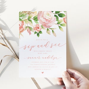 Sip and See Baby Shower Invitation - Pink Floral Girls Sip and See Shower Invite - Garden Baby Shower Printable Invitation - Baby Girl