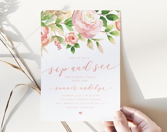 Puede incluir: Una invitación a una fiesta de bienvenida al bebé con flores rosas y verdes con el texto "Join us for a sip and see Welcoming Sweet Baby Girl summer madelyn Saturday, July 17th at 11am 1321 Garden Path Way, Kelowna RSVP Morgan 222.133.4455 by July 1st Registry at Babylist"