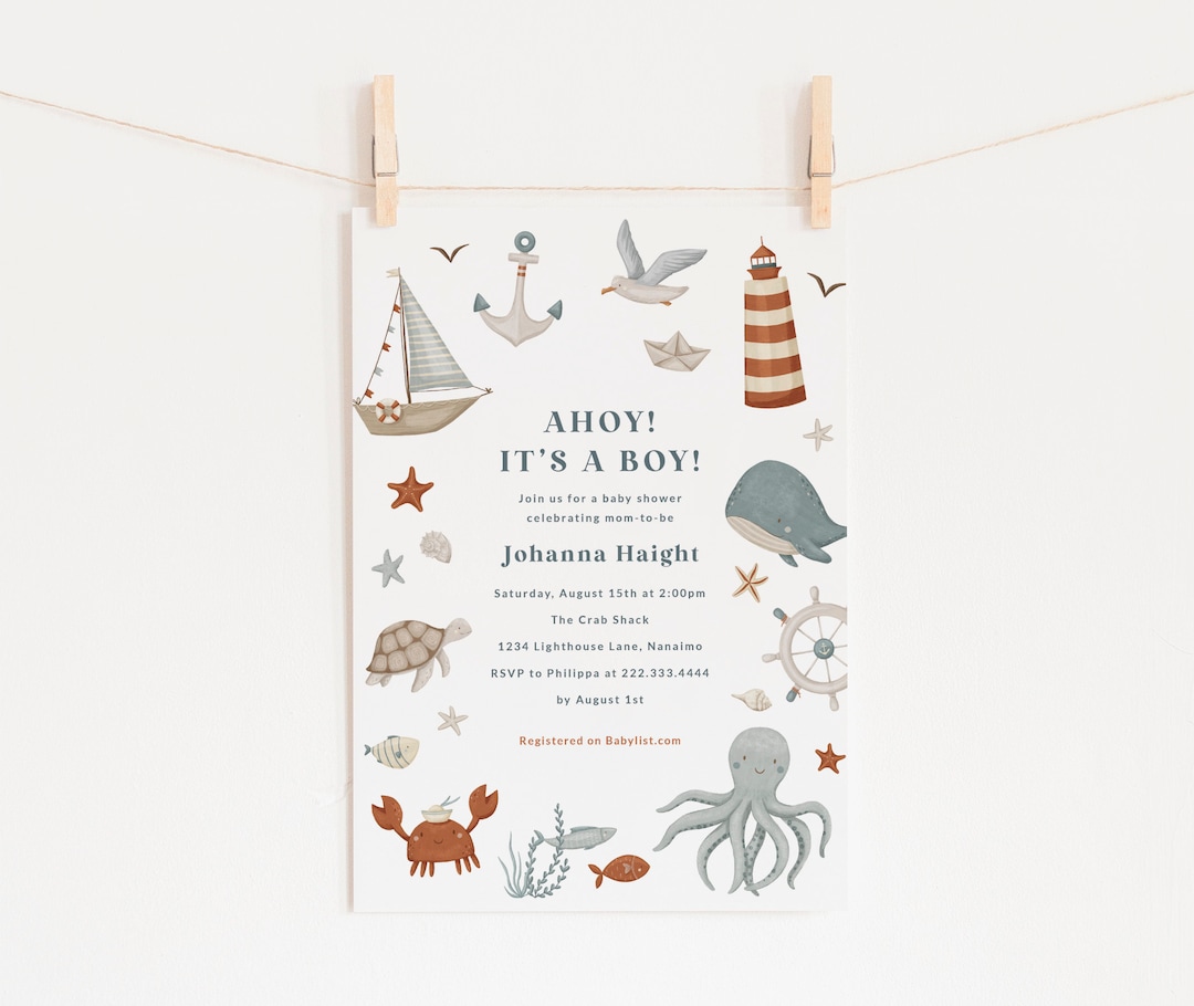 Nautical Baby Shower Invite Printable 5x7 Invitation Ocean Animals Baby