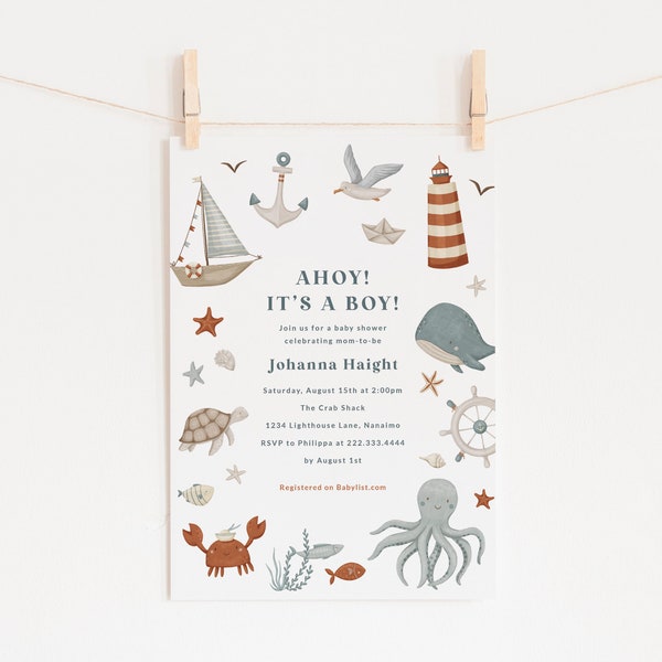 Nautical Baby Shower Invite - Printable 5x7 Invitation - Ocean Animals Baby Shower Invite - Sea Animals - Sailboat Baby Shower - Whale Theme