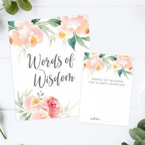 Words of Wisdom Zeichen- und Ratgeberkarten - Brautpartyratschläge für eine glückliche Ehekarten - druckbare Duschaktivitäten - Pfirsich- und Rosazeichen