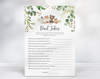 Woodland Animals Baby Shower - Dad Jokes Game with Answer Key - Funny Baby Shower Printable Game - Forest Friends Baby Shower Quiz Game
