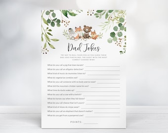 Woodland Animals Baby Shower - Dad Jokes Game with Answer Key - Funny Baby Shower Printable Game - Forest Friends Baby Shower Quiz Game