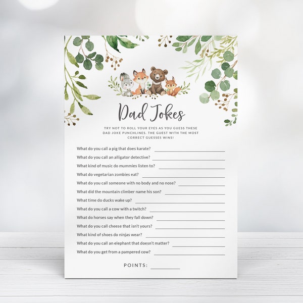 Woodland Animals Baby Shower - Dad Jokes Game with Answer Key - Funny Baby Shower Printable Game - Forest Friends Baby Shower Quiz Game