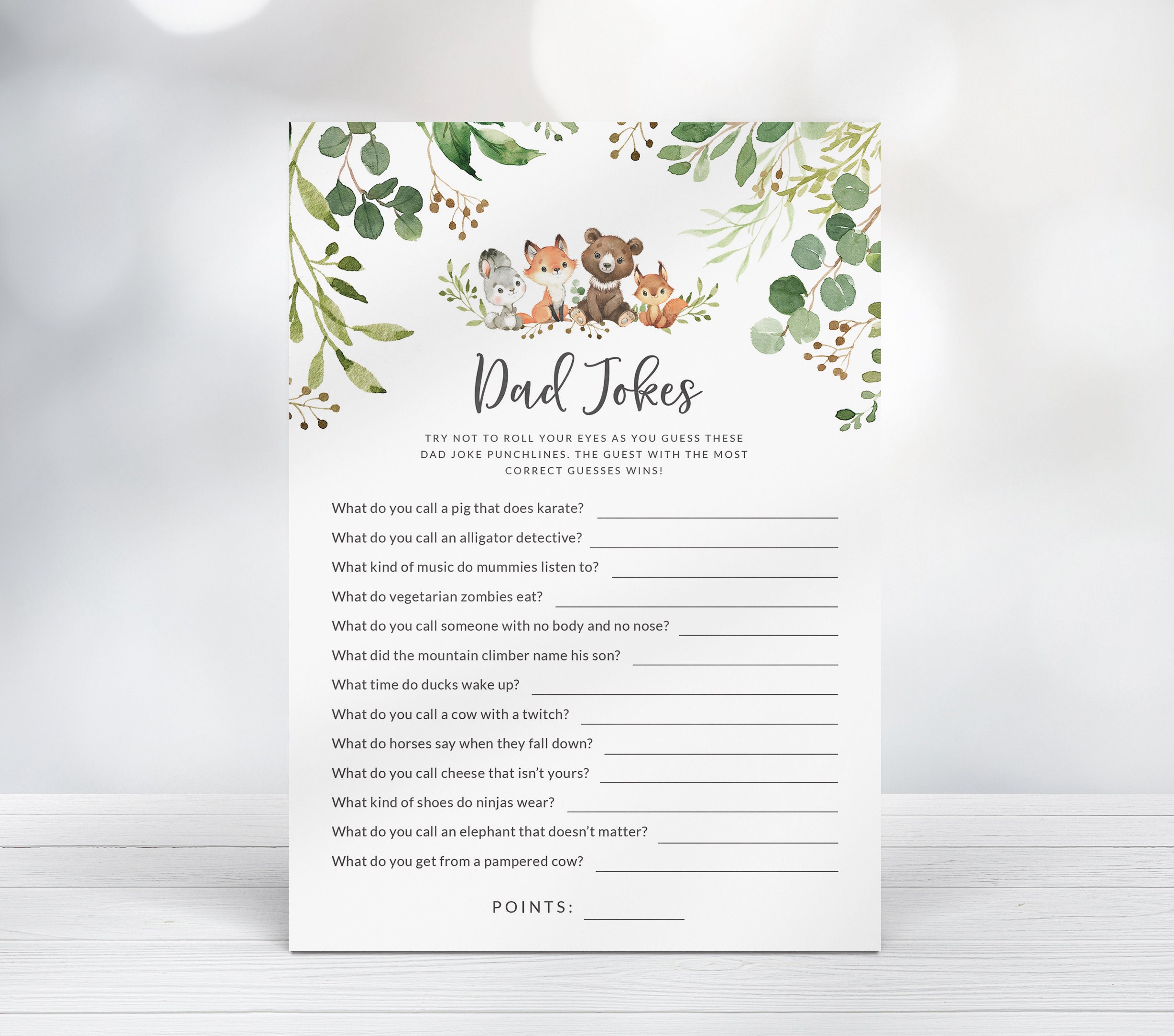 Woodland Animals Baby Shower - Dad Jokes Game with Answer Key - Funny Baby Shower Printable Game - Forest Friends Baby Shower Quiz Game