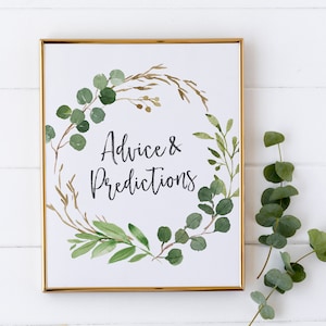 Letrero de consejos y predicciones - Letrero de baby shower con vegetación neutra en cuanto al género - Decoración de baby shower con eucalipto - Letrero imprimible con predicciones para bebés