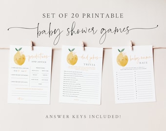 Citron Baby Shower-spelpaket - 20 utskrivbara 5x7-spel - Mommy's Main Squeeze Baby Shower - Citrus Baby Shower-spelpaket - Citrontema