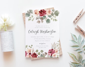 Zaproszenie na wieczór panieński - Boho Bridal Shower Invite - Burgundy and Blush Floral Bridal Shower Printable Invite - Boho Bridal Shower