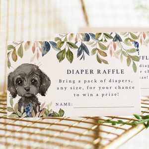 Cartes d'insertion pour baby shower sur le thème chiot - Cartes de demande de couche imprimables - Tickets de tombola de couches - Insert pour baby shower garçon chien