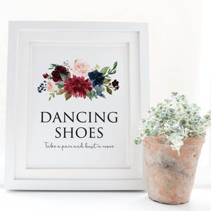 Dancing Shoes Sign For Wedding - Burgundy Navy Greenery Wedding Decor - Dancing Feet Sign Printable - Burgundy And Greenery Wedding Sign
