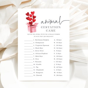 Baby Shower Animal Gestation Game - Valentines Theme - Printable 5x7 Quiz Game - Baby Love - Winter Baby Shower - Red and Pink Baby Shower