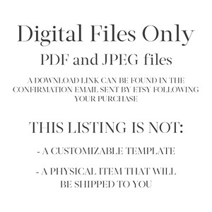 Op de afbeelding: Tekstafbeelding met de tekst "Alleen digitale bestanden" en "PDF- en JPEG-bestanden". Een downloadlink wordt verstrekt in de bevestigingsmail die door Etsy wordt verzonden na uw aankoop. De afbeelding vermeldt ook "Deze aanbieding is niet: - Een aanpasbare sjabloon - Een fysiek item dat naar u wordt verzonden."