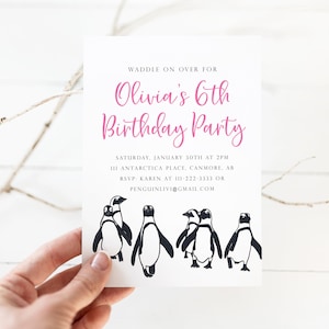 Penguin Party Invitation - Girls Penguin Birthday Invite - Printable Invitations - Black, White and Hot Pink - Digital Penguin Invitation