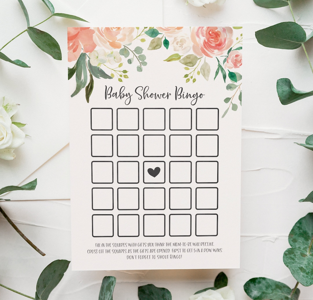 Floral Baby Shower Bingo Game Printable - Gift Bingo Cards - Peach Baby ...