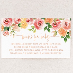 Carte à insérer Livres pour bébé - Baby shower orange et rose - Cartes de demande de livres imprimables - Baby shower de fruits d'été - Apportez un livre pour bébé