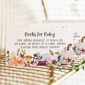 Cartes d'insertion livres pour bébé - faire-part de fête prénatale citrouille d'automne - carte de demande de livres pour bébé - thème une fête prénatale petite citrouille