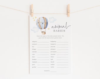 Blue Hot Air Balloon Baby Shower - Name the Baby Animals Game - 5x7 Printable Game - Our Next Great Adventure Theme - Animal Babies Quiz