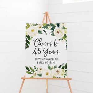 Anniversary Party Welcome Sign - Happy Anniversary Sign - Greenery Party Decorations - Cheers to 45 Years - Anniversary Easel Sign Printable