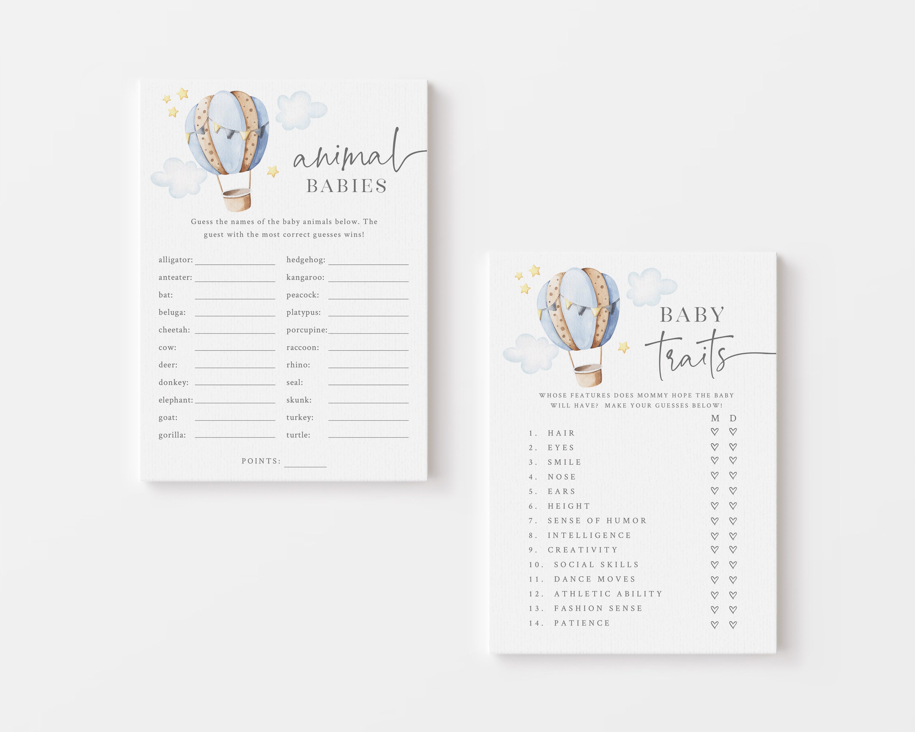 Blue Hot Air Balloon Baby Shower Game Bundle - 25 Printable Games ...