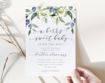 Blueberry Baby Shower Invitation - A Berry Sweet Baby is on the Way - Berry Themed Baby Shower Invite - Summer Boys Baby Shower Invitation