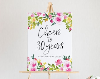 Letrero de saludos por los 30 años - Letrero de cumpleaños personalizado - Decoración para el 30.° cumpleaños - Letrero floral para cumpleaños - Decoraciones para cumpleaños de adultos - Bienvenidos a cumpleaños