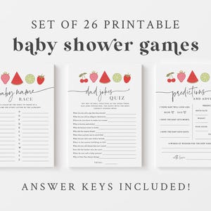 Può includere: Set di 26 giochi di baby shower stampabili a tema frutta. I giochi includono una gara di nomi di bambini, un quiz di barzellette da papà e previsioni e consigli.