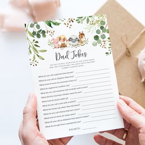 Baby Shower Dad Jokes Game with Answer Key - Farm Themed Baby Shower Game Printable - Dad Jokes Quiz Game - Gender Neutral Baby Shower Game