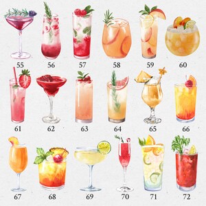 Puede incluir: Un conjunto de 72 ilustraciones de acuarela de diferentes tipos de c&oacute;cteles y bebidas. Las ilustraciones son de estilo vintage y presentan una variedad de colores y dise&ntilde;os.