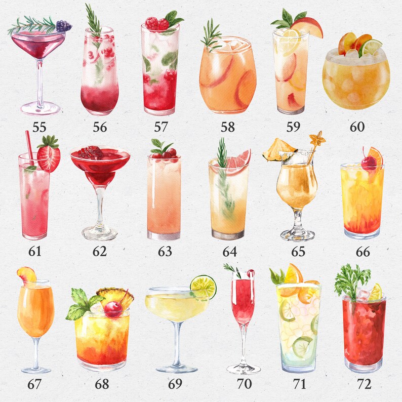 Puede incluir: Un conjunto de 72 ilustraciones de acuarela de diferentes tipos de c&oacute;cteles y bebidas. Las ilustraciones son de estilo vintage y presentan una variedad de colores y dise&ntilde;os.
