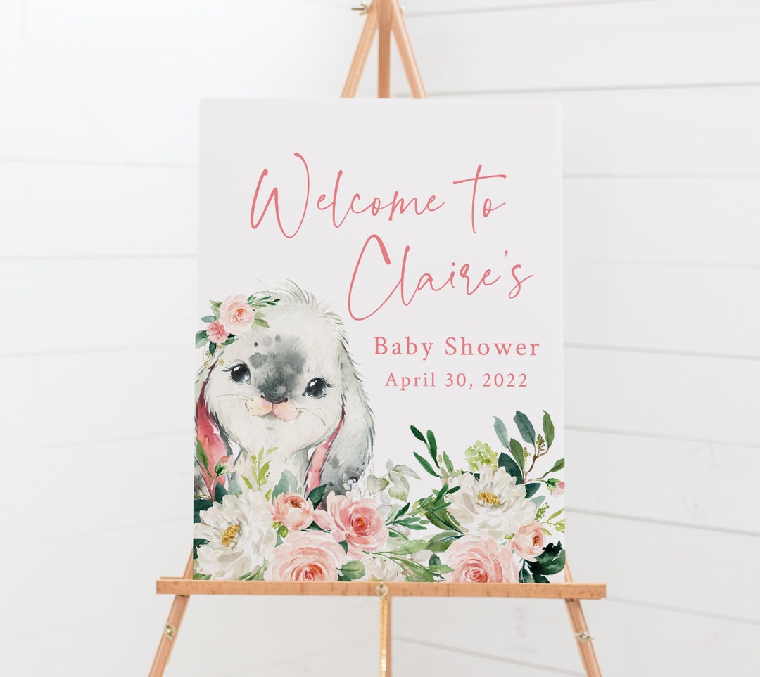 Pink Bunny Baby Shower Welcome Sign - Printable Welcome Poster - Spring ...